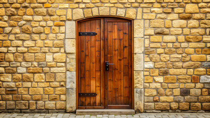 Vintage wooden door with stone brick wall background in warm colors, architecture photography, vintage, wooden, door
