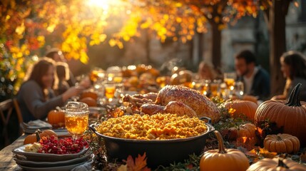 Fototapeta premium Autumn Harvest Dinner Table in Golden Light Generative AI