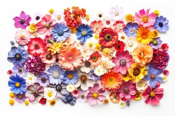 Close-up of various colorful flowers arranged on a white surface, perfect for decorating or illustration purposes