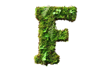 Botanical Letter F with Green Leaves and Foliage, Nature-Inspired Typography and Eco-Friendly Design on Transparent Background, Perfect for Environmental Themes