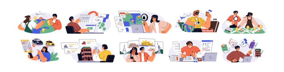Travel plan, trip itinerary, tourism concept set. Vacation tour preparation, organization. Tourists booking hotel, buying ticket, searching route. Flat vector illustration isolated on white background