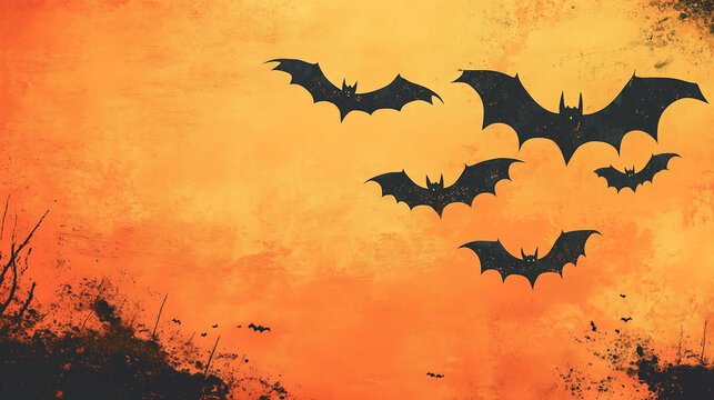 Flying black bats on an orange background. A banner for halloween, a template for a flyer or an invitation. Watercolor illustration. 