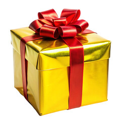 Large Christmas gift with a metallic gold wrapping and a big red bow on transparent background	
