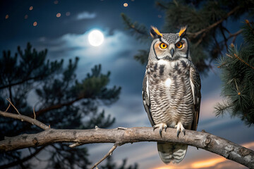 Capture a great horned owl perched on a tree branch under the night sky
