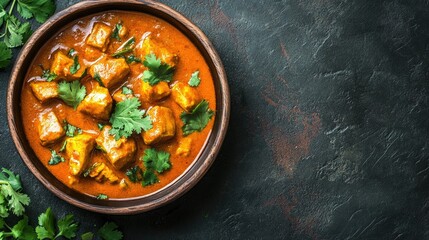 Top view of Indian masala butter curry in a traditional dish, garnished with cilantro, and room for copy space.