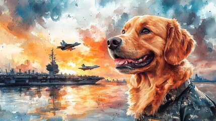 Heroic Dog with Naval Ships at Sunset Generative AI