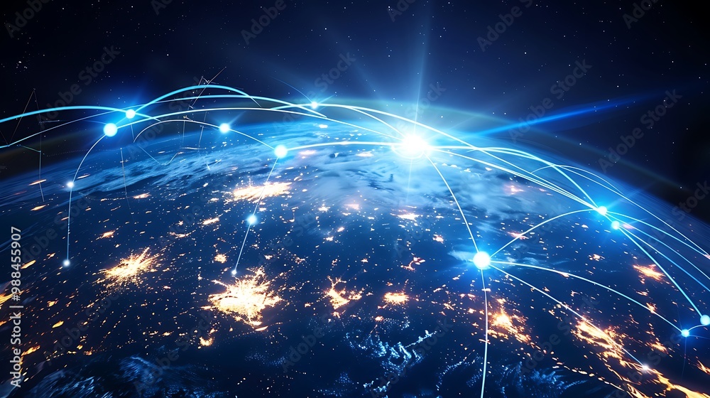 Wall mural earth with glowing lines connecting various points, symbolizing global network connections.