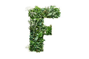 Botanical Letter F with Green Leaves and Foliage, Nature-Inspired Typography and Eco-Friendly Design on Transparent Background, Perfect for Environmental Themes
