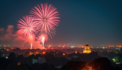 Diwali fireworks lighting up the night sky over Indian cities temples and homes celebrating the festival of lights.