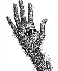 A detailed illustration of a hand with a skull in the palm, surrounded by intricate floral patterns, creating a captivating image of mortality and life.
