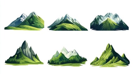 Modern Illustrations of Green Mountain Tops and Hilltops - Hiking and Rocky Range Concepts for Nature and Adventure Themes