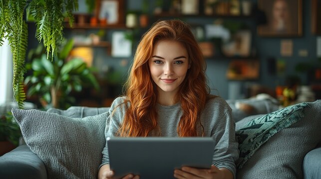 woman sitting on sof managing household functions of smart home system woman shopping online paying online or e learning on tablet