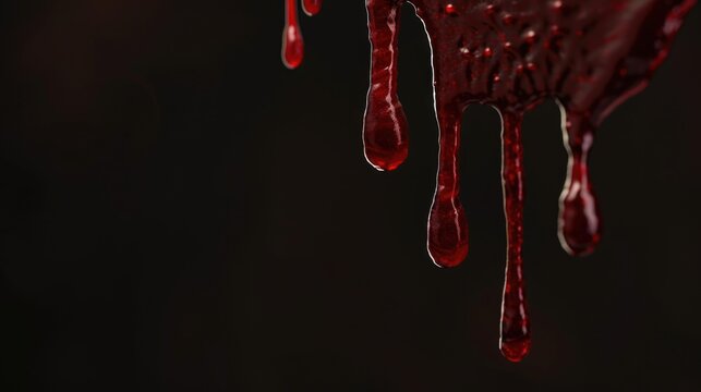 A close-up of blood dripping from a knife on a dark surface