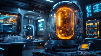 Obraz premium A futuristic capsule with a liquid core, suspended mid-air, wrapped in glowing neon energy waves, set in a sleek, advanced laboratory