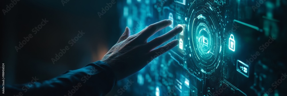 Poster Hand reaching toward glowing digital lock on a futuristic interface. Concept of cybersecurity and secure access.