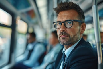 Obraz premium A man sitting on a bus in a business attire