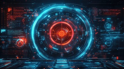 Obraz premium Futuristic HUD Dashboard with Neon Glowing Circular Display, Crosshair Aiming, and High-Tech GUI Elements