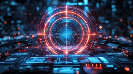 Futuristic HUD Dashboard with Neon Glowing Circular Display, Crosshair Aiming, and High-Tech GUI Elements