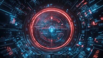 Futuristic HUD Dashboard with Neon Glowing Circular Display, Crosshair Aiming, and High-Tech GUI Elements