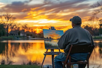 A vibrant outdoor painting scene, an artist capturing a sunset over a tranquil lake