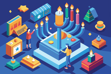 Two individuals celebrate Hanukkah by lighting a menorah in a colorful, festive environment filled with traditional symbols and decorations.