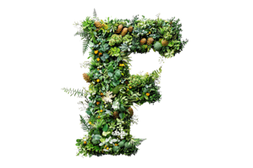 Botanical Letter F with Green Leaves and Foliage, Nature-Inspired Typography and Eco-Friendly Design on Transparent Background, Perfect for Environmental Themes