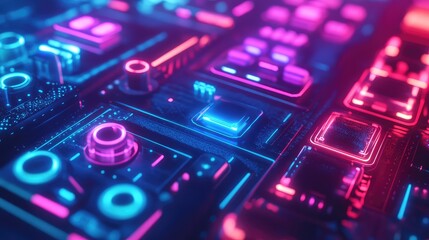 Fototapeta premium Futuristic Neon Lights Background Template with Glowing Retro Video Game Aesthetic and Sci-Fi Technology Design Elements in Vibrant Colors