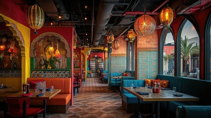 Obraz premium Vibrant interior of a South Asian restaurant with cultural decor, no people, and space for copy text.