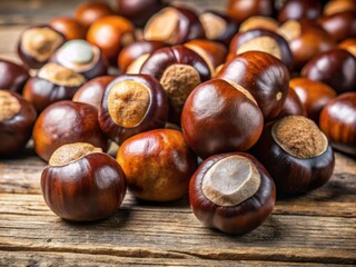 Fototapeta premium A handful of buckeyes, their brown and black hues glistening in the light, are strewn across the wooden