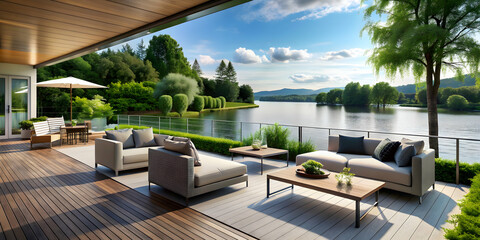 Fototapeta premium Modern lakeside terrace overlooking serene water with contemporary furniture and lush greenery, modern, lakeside, terrace