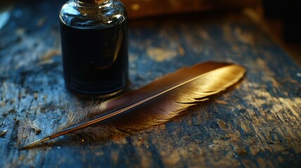 Vintage Feathered Quill Pen and Ink Bottle - Timeless Writing Tools Close-Up