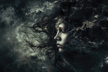 Fototapeta premium A woman's hair blows in the wind as she walks or stands, suitable for use in travel, adventure, or lifestyle images