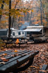 A camper is parked next to a picnic table in the woods, perfect for outdoor adventures and camping trips