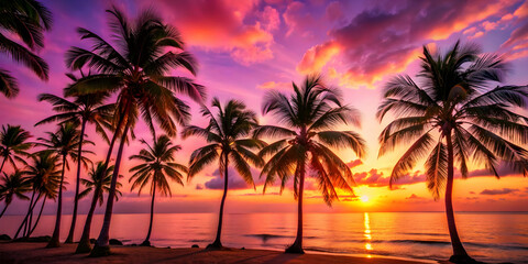 Colorful pink sunset over tropical ocean beach with coconut palm trees silhouettes and shining sun, sunset, tropical