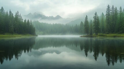 Obraz premium A tranquil foggy morning at the serene lake surrounded by towering evergreen trees and distant misty mountains