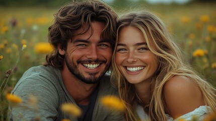 Obraz premium young couple on walk in nature in countryside lying in grass laughing