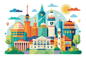 A vibrant and whimsical depiction of Madrid's famous buildings and landmarks under a warm afternoon sky, showcasing the city's unique architecture.