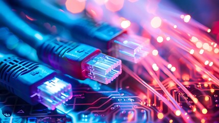 Close-up of network cables and fiber optic cables, showcasing the physical connection of the internet.