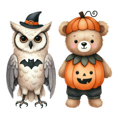 cute animal halloween costume clipart, Scary and haunted Halloween nigh party, Halloween illustration set.