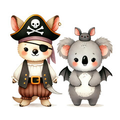 cute animal halloween costume clipart, Scary and haunted Halloween nigh party, Halloween illustration set.