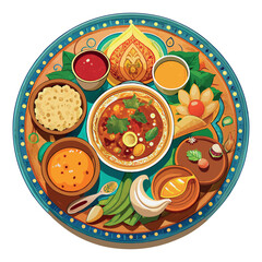 Vibrant indian thali meal with various curries and accompaniments
