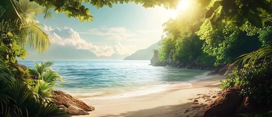 Lush tropical foliage frames a secluded beach with sparkling blue water and a mountain range in the distance, bathed in warm sunlight.