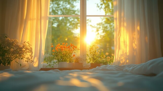 Bright, luxurious morning in a well-decorated home with sunlight streaming through a large window. Soft light illuminates airy white curtains with views of lush greenery