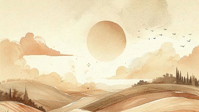 Minimalist watercolor landscape with a large sun and rolling hills in warm tones