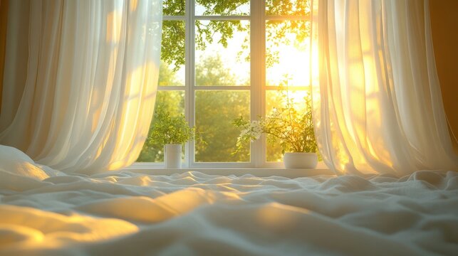 Bright, luxurious morning in a well-decorated home with sunlight streaming through a large window. Soft light illuminates airy white curtains with views of lush greenery