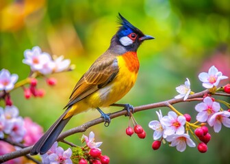 A majestic bulbul bird displayed vibrant plumage as it sat poised on a flower-adorned branch, amidst a sea