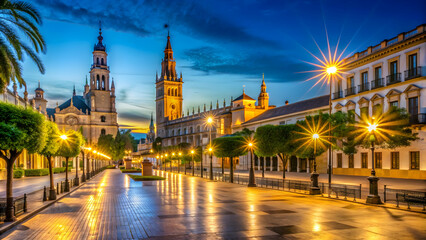 Fototapeta premium Downtown street in Seville, Spain illuminated at night, Seville, Spain, downtown, street, illuminated, night