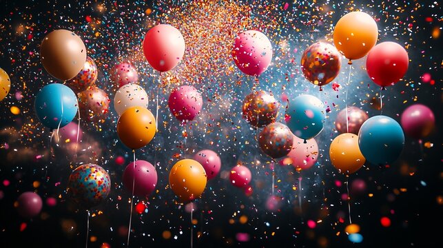 Fun lively New Year celebration background with animated confetti party balloons and a colorful fireworks display over a festive party scene