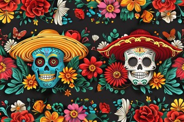 Two sugar skulls decorated with sombrenos and flowers on a dark background