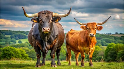 A majestic bull and a sturdy ox grazed together in an emerald field, their varying silhouettes and physiques